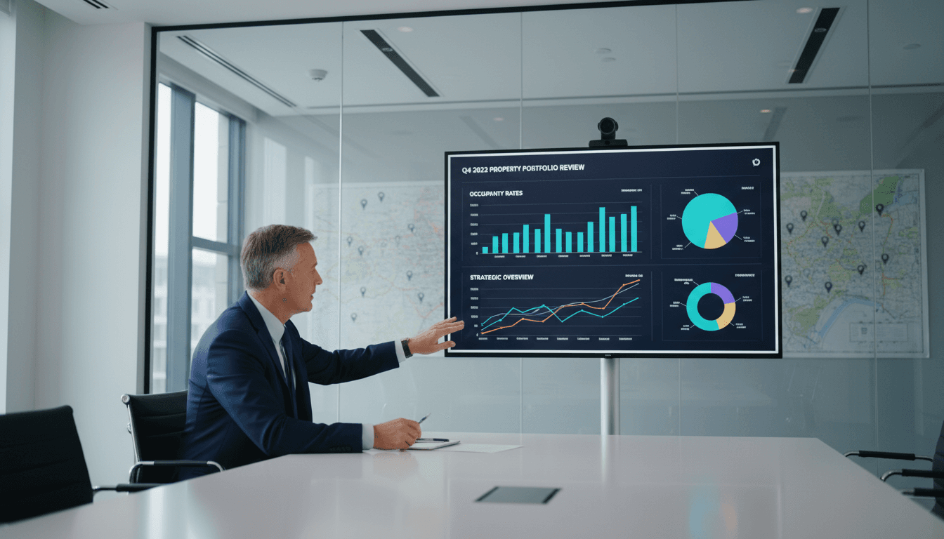 Property portfolio executive reviewing comprehensive operational performance reports and analytics