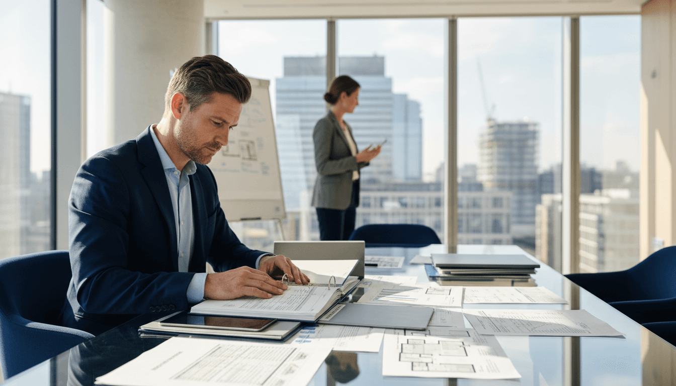 Property management consultant reviewing portfolio strategy and compliance documentation