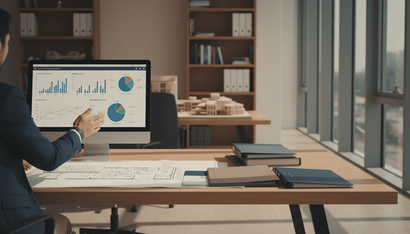 Property management consultant reviewing portfolio documents in a modern London office
