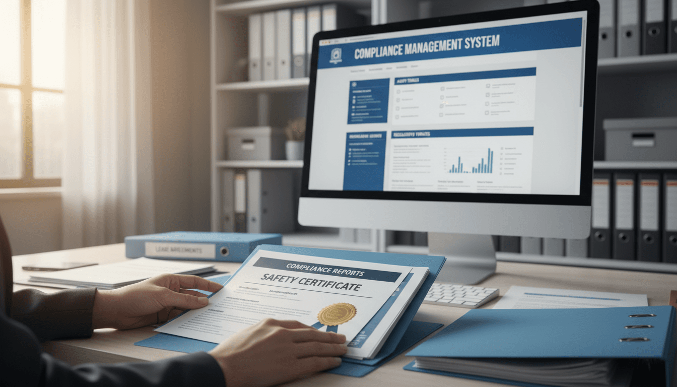 Property management professional organizing compliance documentation and regulatory requirements