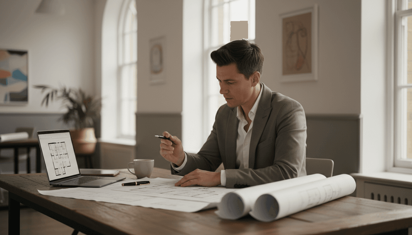 Property manager reviewing architectural plans and documents at desk