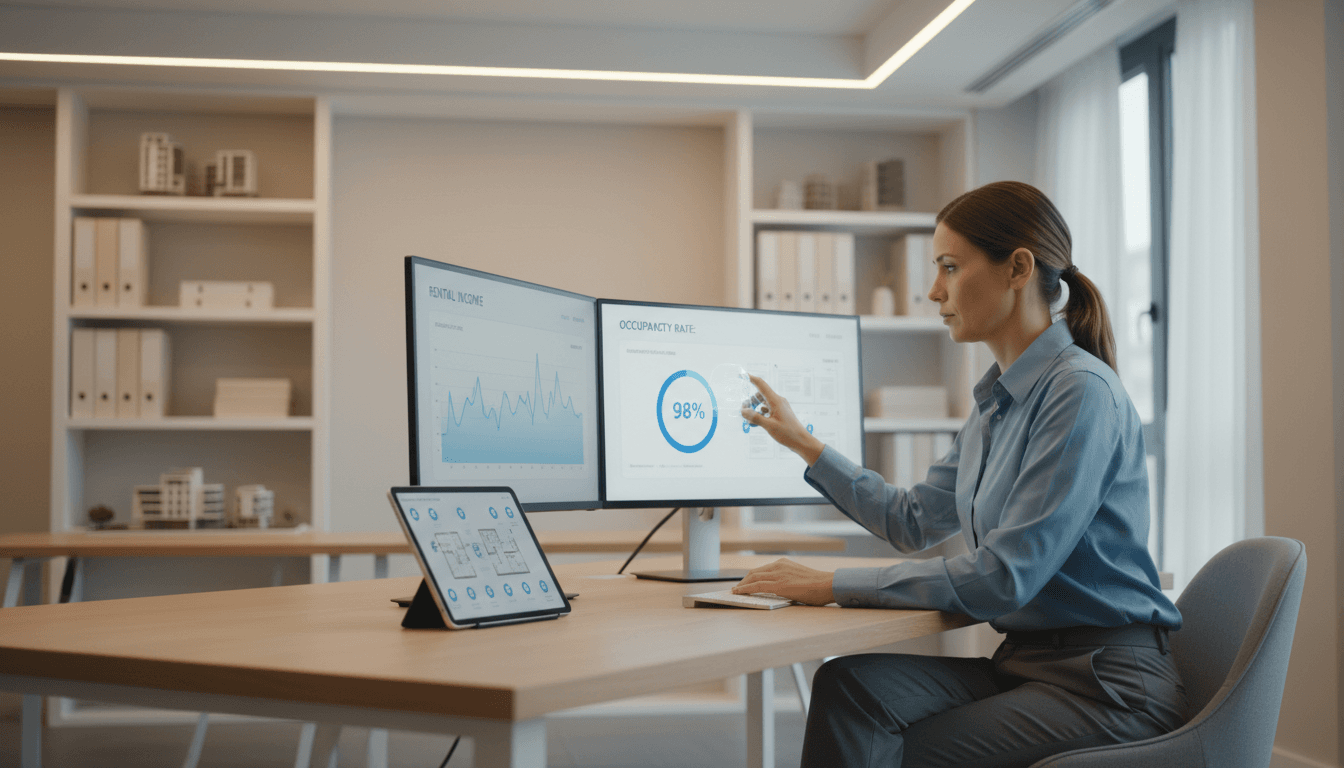 Hands holding a tablet showing property management layouts with a clipboard beside it