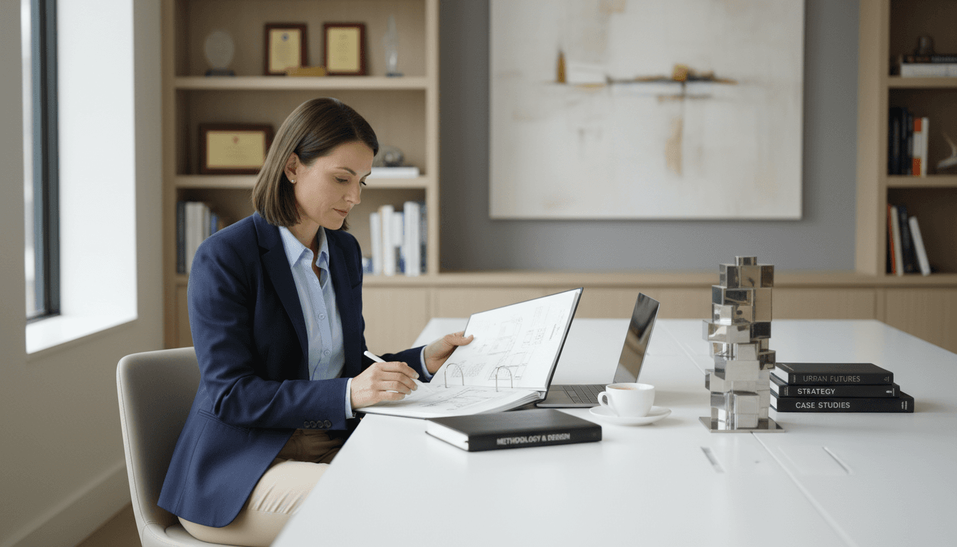 Property consultant reviewing operational documents at desk in modern London office