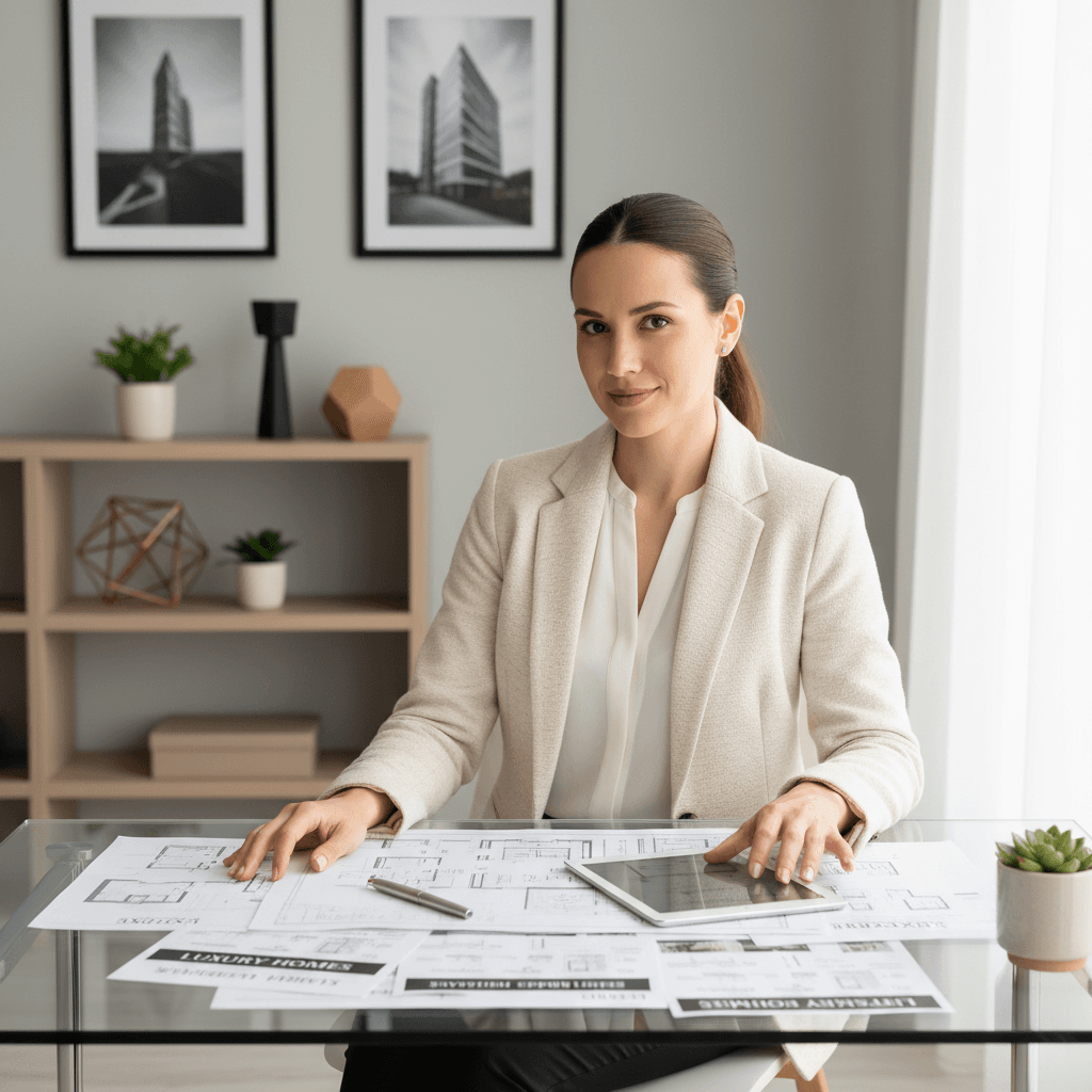 Property consultant reviewing portfolio documents at desk
