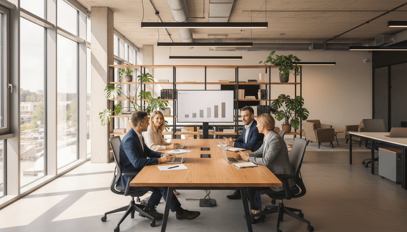 Two professionals reviewing documents at a conference table in a bright, modern office setting